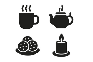 Hygge lifestyle icon set. Warm cozy winter symbols. Hot drink, tea mug, coffee, teapot, cookies, candle flame. Simple black glyph silhouette vector for comfort food.