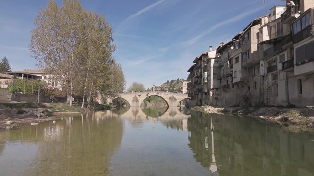 Drone View of the Bridge of Valderrobres and Matarrana River in Aragon Spain