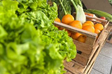 greengrocer with fresh organic oranges, grapefruit,  and lettuce in wooden basket  at the street market 