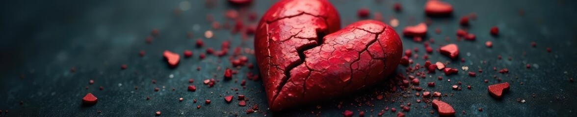 A close-up shot of a broken heart, shattered and fragmented, symbolizing emotional pain and heartbreak The image conveys vulnerability and the need for healing , fragmented heart, solitude