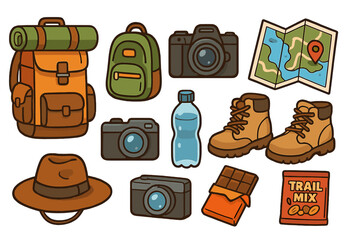 Collection of travel and hiking essentials. Flat cartoon vector icons of backpack, camera, trekking boots, map. Outdoor adventure and camping equipment isolated set.