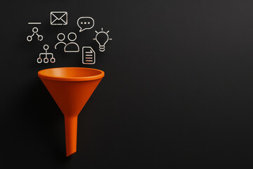 Email marketing funnel concept with icons for communication and idea on black background