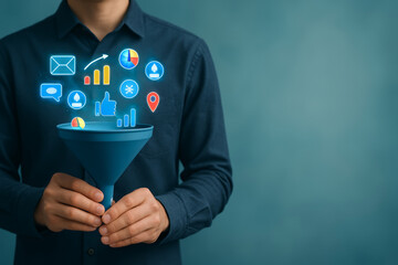 Email marketing funnel concept with digital icons and business analytics in modern strategy
