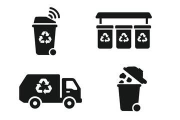 Smart waste management icons set. Solid filled vector illustration of recycling bins, smart trash cans with sensors, waste collection trucks, recycling stations, garbage disposal signs