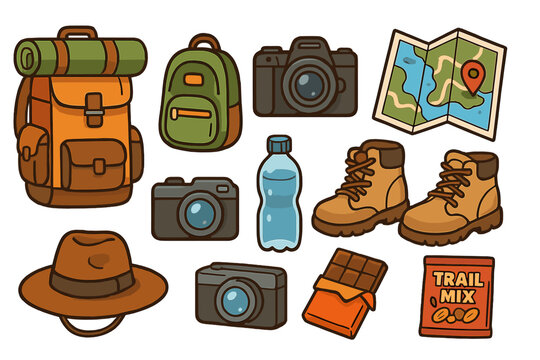 Collection of travel and hiking essentials. Flat cartoon vector icons of backpack, camera, trekking boots, map. Outdoor adventure and camping equipment isolated set.