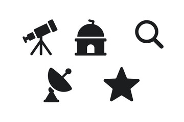 Astronomy exploration icons set. Solid vector symbols for telescope, observatory, magnifying glass, satellite dish, star. Science, space observation, stargazing, astrophysics, research tools