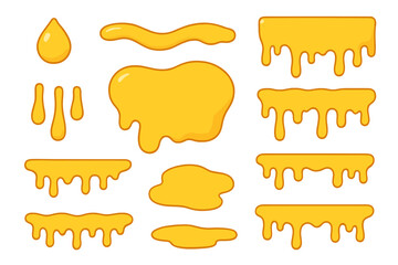 Honey drip vector set. Golden syrup, oil or melted cheese sauce drops. Liquid yellow splash and flow shapes. Cartoon slime illustration. Dripping paint blobs collection.