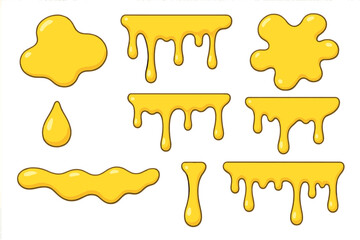Honey drip vector set. Golden syrup, melted cheese sauce, or oil liquid shapes. Cartoon flowing paint drops, splashes and puddles. Yellow sweet food slime illustration.