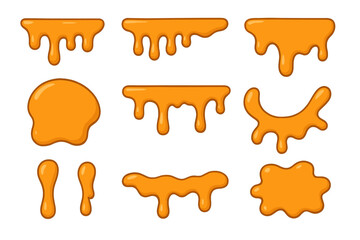 Set of honey drips, caramel drops, and melted cheese sauce splashes. Golden yellow liquid syrup blobs and dripping paint borders. Vector cartoon illustration for food design.
