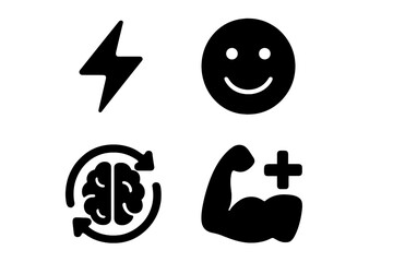 Power nap benefits solid icon set. Vector symbols for energy boost, improved mood, brain refresh, and muscle recovery. Health, wellness, productivity, and rest concept.
