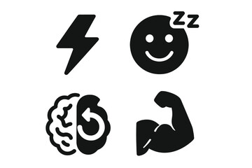 Power nap benefits solid icon set. Vector glyphs of energy boost, mood lift, brain refresh, muscle recovery. Wellness, health, productivity, and relaxation concepts symbols.