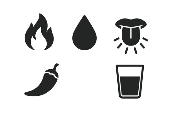 Spicy Pepper Effect Icons Set. Solid Black Vector Collection of Hot Chili Pepper, Burning Flame, Sweating Droplet, Burning Tongue Sensation, Glass of Water. Heat, Spicy Food Symbol