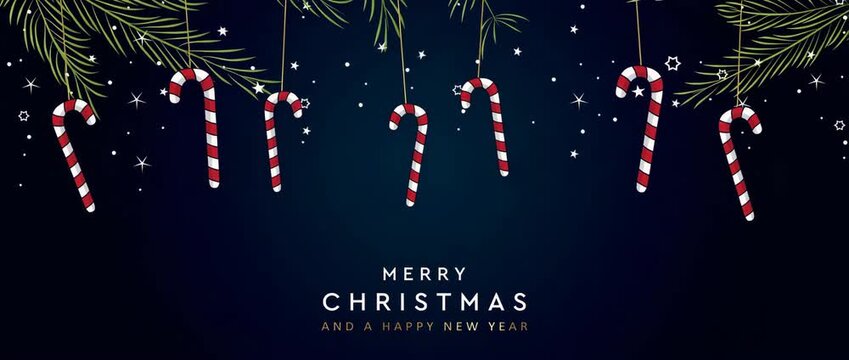 christmas hanging decoration sweet candy cane on a fir twig illustrated animation