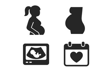 Pregnancy solid icon set. Pregnant woman, baby bump, belly, ultrasound scan with fetus, due date calendar. Maternity, gynecology, medical, motherhood vector concept symbols.