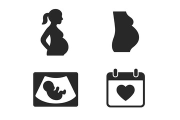Pregnancy icon set. Maternity and motherhood concept. Pregnant woman silhouette, baby bump, fetal ultrasound scan, and due date calendar. Prenatal medical vector symbols.