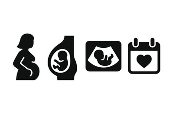 Pregnancy solid glyph icon set. Pregnant woman, baby bump, fetus in womb, ultrasound scan, and due date calendar. Motherhood, maternity, and newborn concept vector symbols.