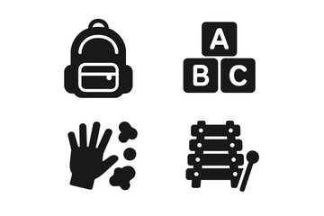 Preschool education solid glyph icon set. Kindergarten learning concept. Backpack, ABC alphabet blocks, finger painting art, and xylophone music instrument vector symbols.