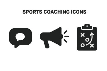 Sports coaching communication icons set. Solid black vector speech bubble, megaphone, tactical clipboard. Team training symbols, strategy planning, leadership, instructions, management concept