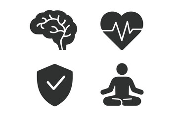 Preventive healthcare solid icon set. Mental health, brain, heart pulse, cardiology, meditation, wellness. Health protection shield. Vector graphic for psychology & lifestyle.