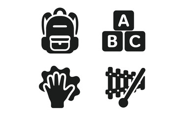 Preschool and kindergarten solid icon set. Early childhood education and development concept. Learning and play symbols. Backpack, ABC blocks, finger painting, xylophone icons.