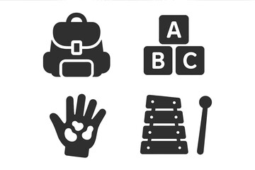 Early childhood education solid icon collection. Preschool learning activities vector set with school bag, alphabet blocks, hand painting and xylophone. Back to school concept.