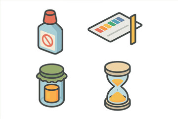 Preservation and shelf life icon set. Isometric flat design vectors. Concept with preservative bottle, pH test strip, canned food jar, and hourglass for expiration date.