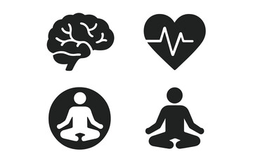 Mental and physical health icon set. Brain, heart beat, meditation and yoga pose. Concept of preventive healthcare, psychology, wellness, mindfulness, balance and stress relief.