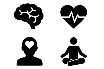 Mental and physical health icon set. Brain for psychology, heart with pulse for cardiology, head with heart for emotion and meditation pose. Vector for wellness and self-care.