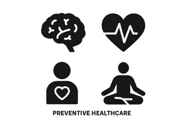 Preventive healthcare icon set. Mental and physical health concept. Brain, cardiology, self-care, meditation icons. Wellness, mindfulness, psychology vector illustrations.