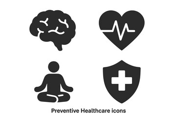 Preventive healthcare vector icon set. Mental and physical health, wellness concepts. Brain, heart with pulse, meditation, medical shield. Psychology and cardiology symbols.