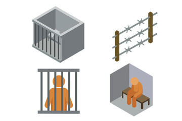 Prison icon set isometric vector. Jail, prisoner in cell, solitary confinement, and barbed wire fence. Justice, crime, and punishment concept. Political repression symbol.