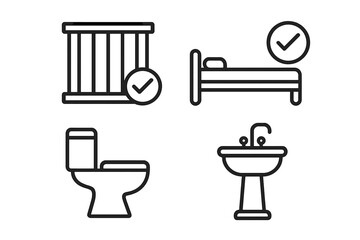 Prison improvement icons set. Better jail conditions. Human rights in correctional facility. Approved standards for inmate. Barred window, bed, toilet, sink vector icons.