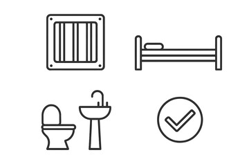 Prison conditions improvement icon set. Jail cell amenities vector illustration. Barred window, bed, toilet, sink. Inmate rights, justice system reform, humane treatment concept.