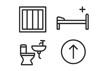 Prison improvement icon set. Barred window, medical bed, sanitary facilities. Concept of inmate rights, jail reform, rehabilitation, and better prison conditions. Vector icons.