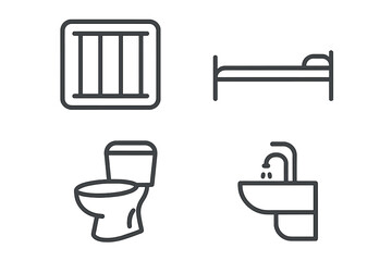 Prison conditions outline icon set. Jail cell furniture and sanitary equipment. Barred window, bed, toilet, sink symbols. Concept for punishment, justice system, human rights.