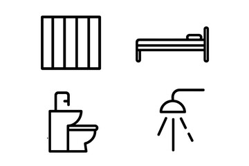 Prison conditions icon set. Jail cell elements. Vector line art symbols of barred window, bed, toilet, shower. Concept of inmate life, incarceration, justice system, punishment.