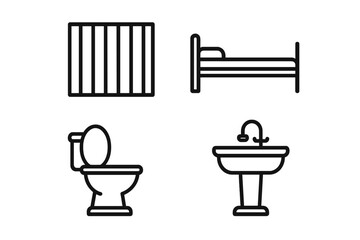 Prison cell conditions outline icon set. Vector icons of a barred window, bed, toilet, and sink. Concepts for jail, justice, law, punishment, confinement, and human rights.
