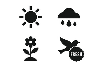 Seasonal Spring Renewal Solid Icon Set. Weather Change Sun, Rain, Snow Melting, Early Flower Bloom, Migratory Bird, Fresh Nature Concept. Vector Illustration for Seasonal Growth and Renewal