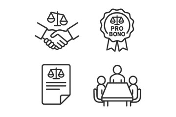 Pro Bono legal services outline icon set. Vector icons for free law advice, attorney handshake, justice scales, legal document, mediation meeting. Law and justice concept.