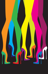 Colorful girls legs wearing high heels on black background. Vector illustration