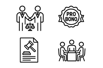 Pro bono icon set. Free legal services, lawyer consultation, and volunteer work concept. Attorney handshake, justice scales, charity badge, and legal document line icons.