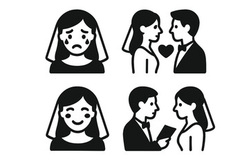 Wedding Emotion Icons Collection. Solid Filled Vector Set of Bride and Groom Emotional Moments. First Look, Teary Eyes, Smiling, Blushing, Love Ceremony, Vow Exchange, Marriage Illustration