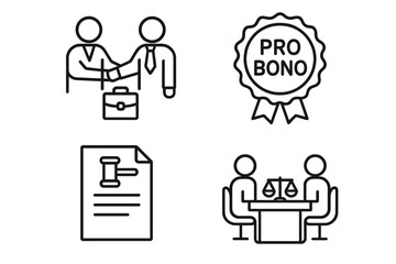 Pro bono legal services outline icon set. Vector symbols for free law advice, charity work, and attorney consultation. Includes handshake, justice scales, and legal document.