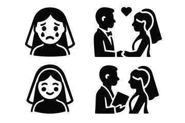 Wedding emotions icon set. Solid filled vector illustration showing bride with teary eyes, happy smile blush, romantic first look, symbolic vow exchange. Love, marriage, ceremony moments.