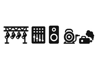 Solid vector icon set of stage equipment. Lighting rig, soundboard, audio mixer, speaker, cable reel, fog machine. Concert, event, theater, live show equipment. Stage production gear collection