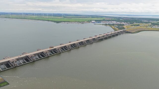 Wide aerial shot of Haringvlietdam water control delta works, Netherlands