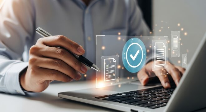 A person reviews a digital document with a checkmark on a laptop screen, signifying approval