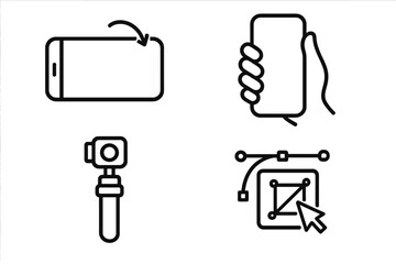 Product design and content creation line icon set. Smartphone orientation, handheld grip, camera gimbal stabilizer, and vector graphic design tool. UI, UX, CG illustration.