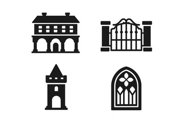 Mansion icon set solid glyphs. Old architecture vector collection. Includes iron gate, castle turret, stained glass window. Historic estate, palace pictogram symbols.