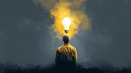 Artistic illustration of a man illuminated by the light of a single idea in a dark, atmospheric setting